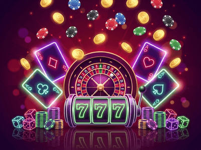 Luxurious steampunk themed casino interior with golden slot machines
